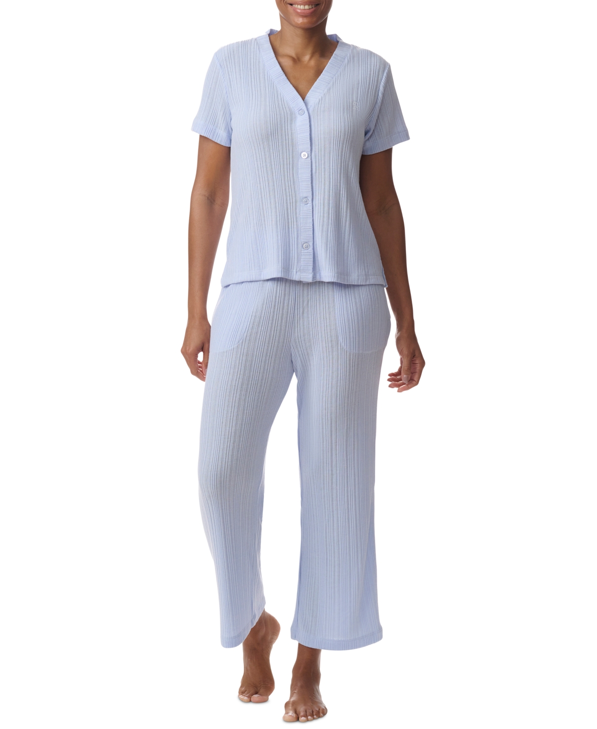 Tommy Hilfiger Women's 2-pc. Th Cardigan Top & Cropped Pants Pajama Set In Sweet Blue