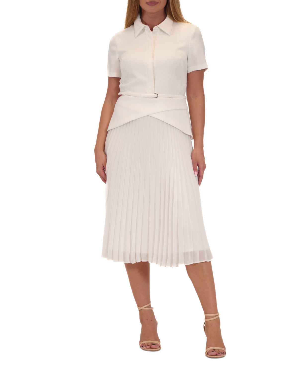 Women's Mixed-Media Collared Midi Dress - Ivory