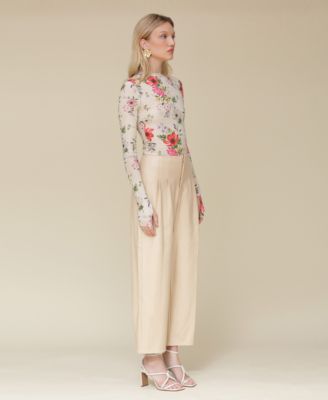 Women's Wildflower Printed Long-Sleeve Mesh Top & Faux-Leather Darted-Waist Pants