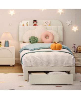 Twin Bed Frame with Drawer, Velvet Upholstered Platform Bed Frame with Storage Headboard, No Box Spring Needed, Easy Assembly, Noise-Free