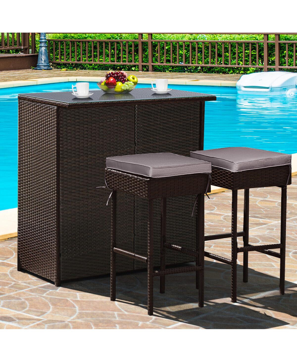 Gouun 3 Pieces Patio Rattan Wicker Bar Table Stools Dining SetOff