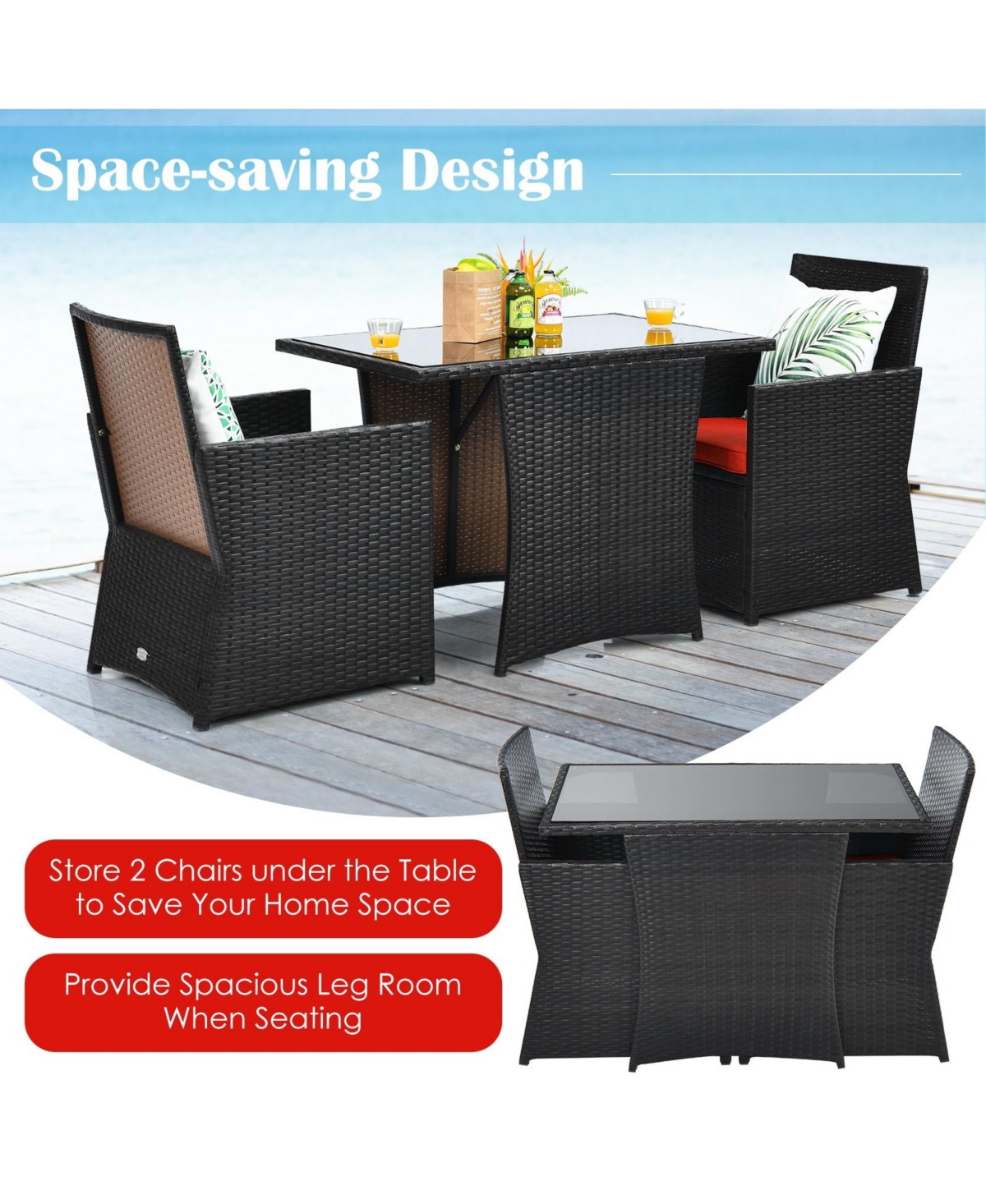 Gouun 3 Pieces Patio Rattan Furniture Set with Cushion and Sofa Armrest