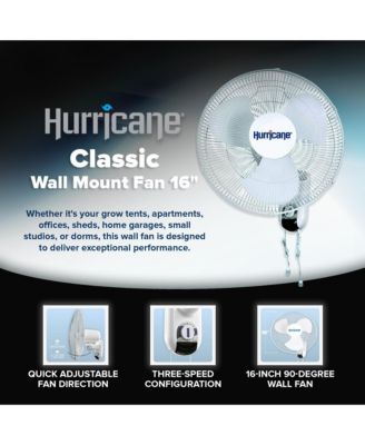 Classic 16 Inch 90 Degree Oscillating 3 Speed Wall Mounted Fan, White