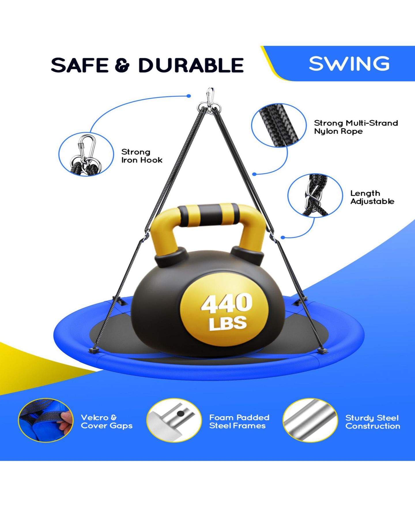 Детская игрушка Everyfun 43" Waterproof Adjustable Saucer Swing, Accommodates up to 3 Children or 2 Adults, Ages 3+, цвет: Синий — фото 5