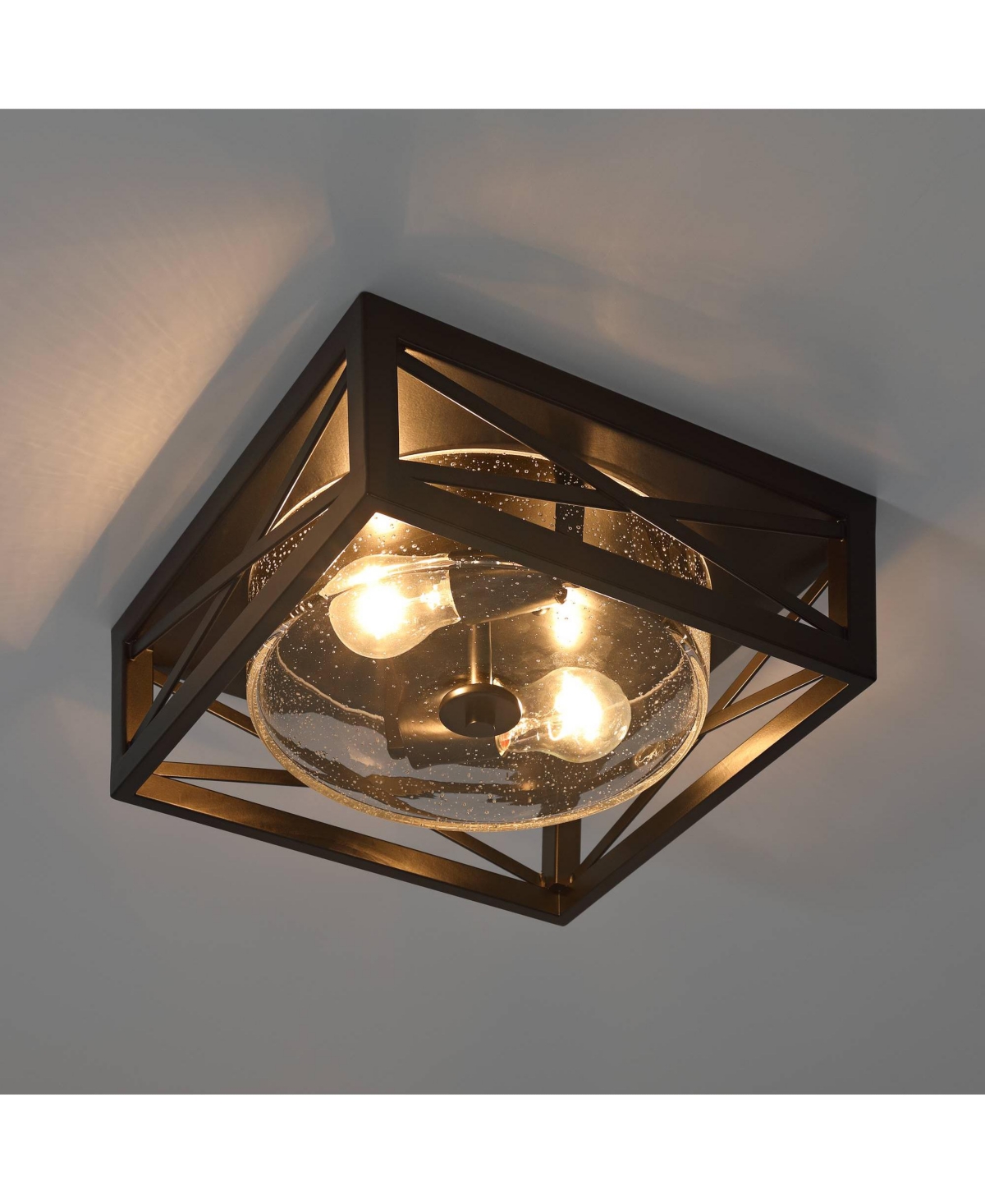 Franklin Iron Works Drake Modern Industrial Flush-Mount Ceiling Light Fixture Kitchen Foyer Hallway Round 2-LightClear Seeded Glass Metal B