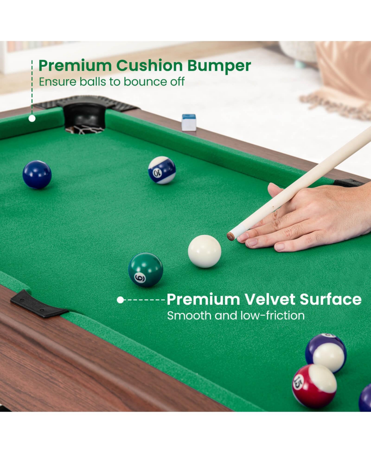 Costway Pool Table for Kids & Adults with Full Set of Balls 2 Cue Sticks 2 Chalks