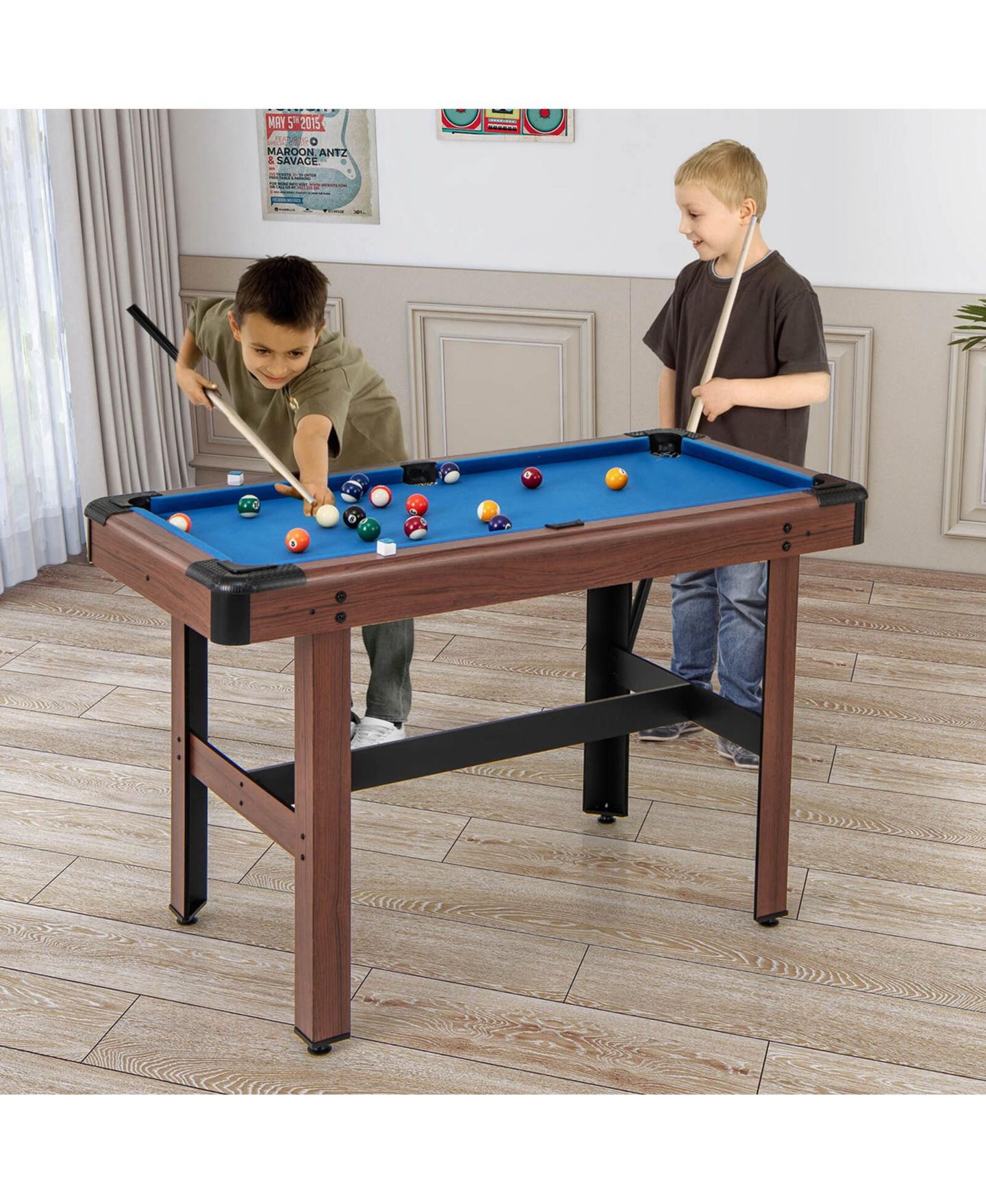Детские игрушки Costway 48" Pool Table for Kids Adults with Full Set of Balls 2 Cue Sticks 2, цвет: Синий — фото 5