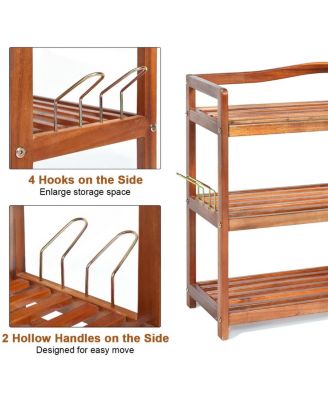 3-Tier Acacia Wood Shoe Rack with Side Metal Hooks
