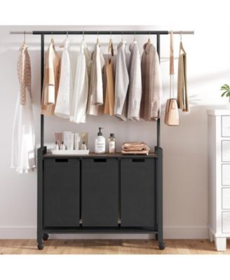 Laundry Sorter 3 Section Laundry Hamper Sorter with Clothes Hanging Rod and Wooden Storage Shelf 3 X 13gal Laundry Basket Organizer for Laundry Room Organization Storage Baskets