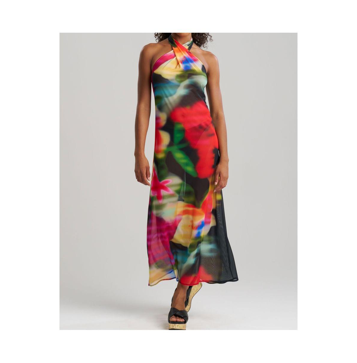 Women's Floral Mirage - Printed Mesh Halter Dress - Black/multi