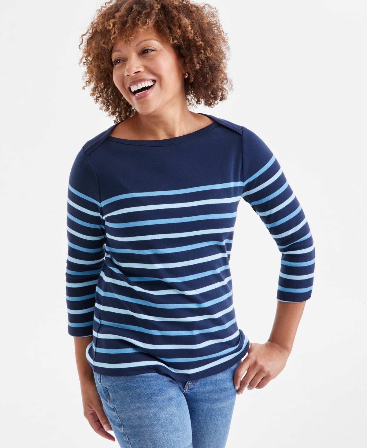 STYLE & CO WOMEN'S STRIPED PIMA COTTON 3/4-SLEEVE TOP, EXCLUSIVELY AT MACY'S 