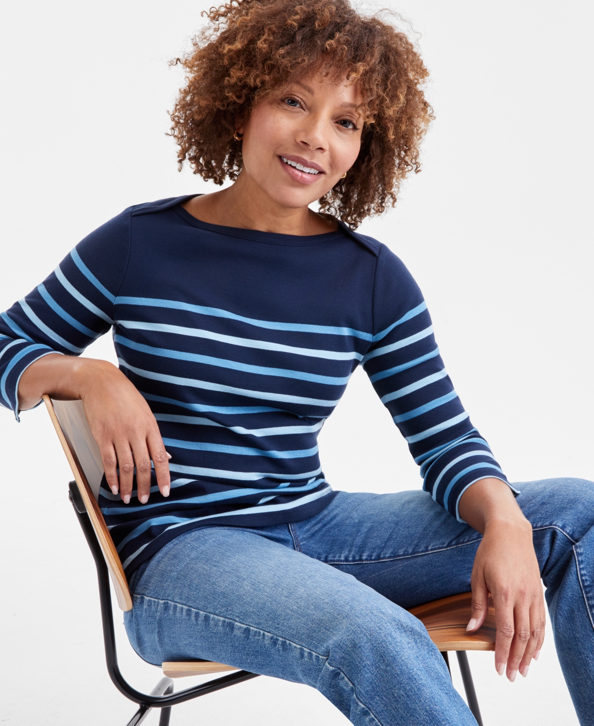 STYLE & CO WOMEN'S STRIPED PIMA COTTON 3/4-SLEEVE TOP, EXCLUSIVELY AT MACY'S 