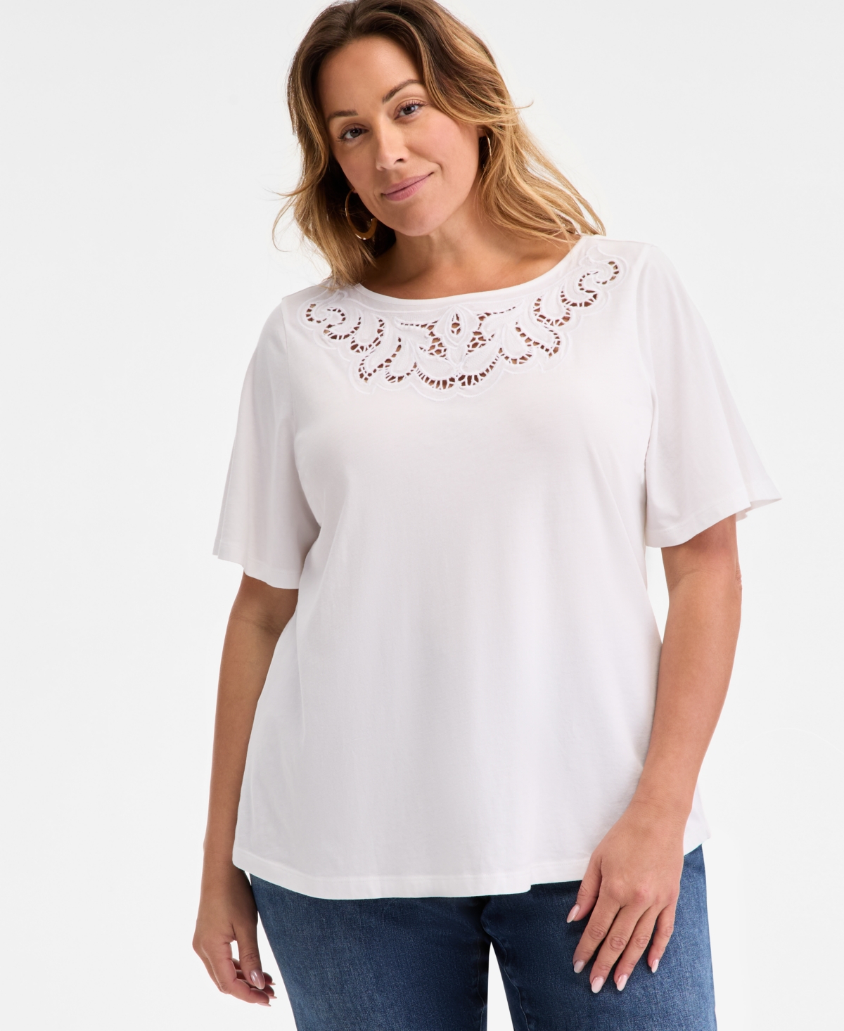 Style & Co Plus Size Eyelet-yoke T-shirt, Exclusively At Macy's In Bright White