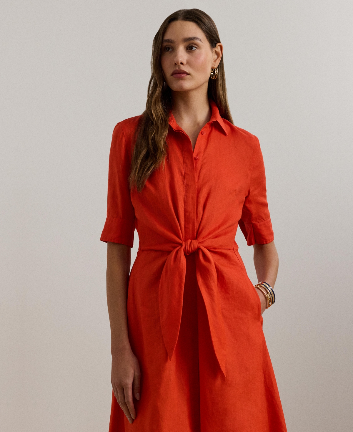 Ralph Lauren Tie-front Linen Shirtdress In Orange Lily