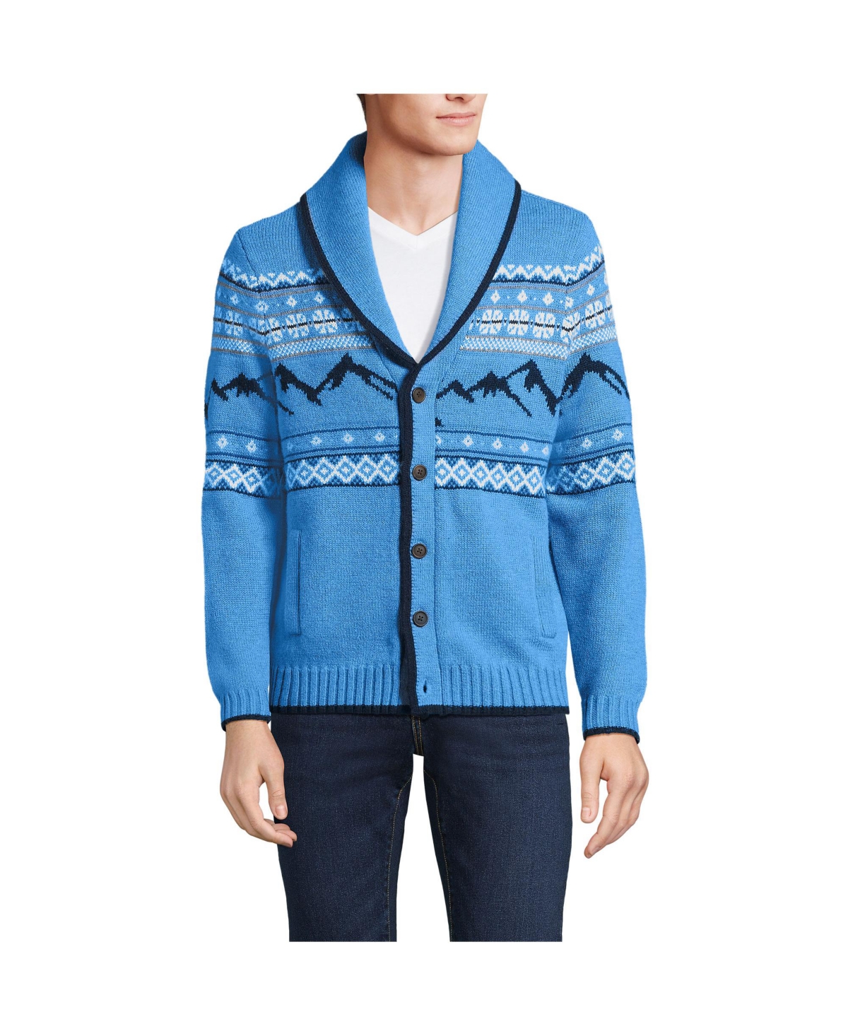 Lands' End Men's Placed Mountain Shawl Cardigan - Blue heather mountain scenic