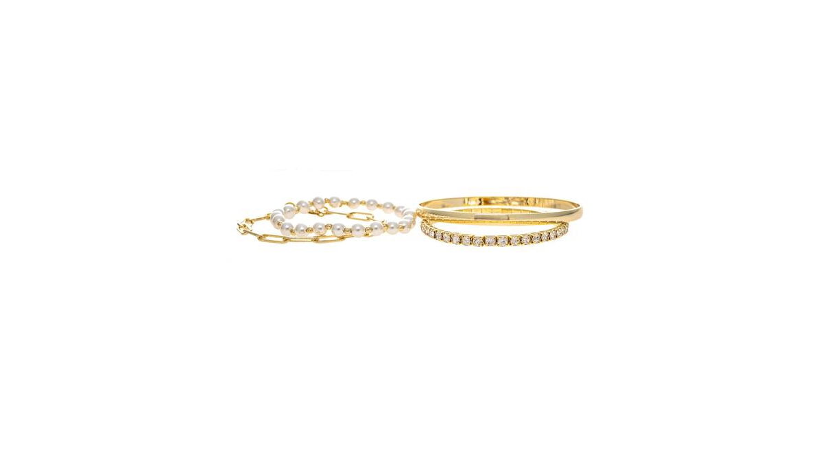 Rivka Friedman Mixed Gold, Pearl + Cubic Zirconia 4 Bracelet Set - Gold with clear cz