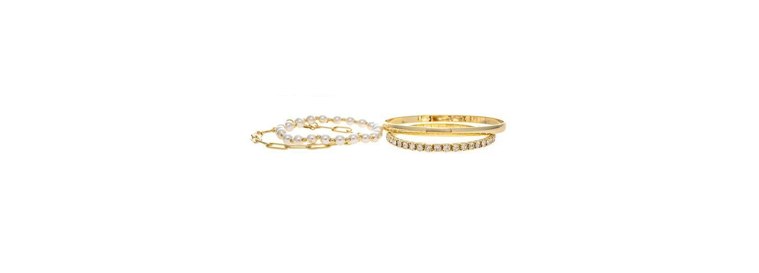 Mixed Gold, Pearl + Cubic Zirconia 4 Bracelet Set