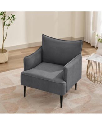 Mid Century Accent Chair, Comfy Living Room Chair Armchair Grey Fabric Sofa Chair for Bedroom, Modern Accent Chair with Arms and Metal Legs for Office Study, Vintage Reading Room Sofa