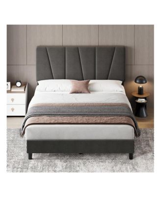 Bed Frame With Headboard,Linen Upholstered Platform Bed With Adjustable Diagonal Channel Tufted Headboard, Mattress Foundation With Strong Wooden Slats, Box Spring Optional