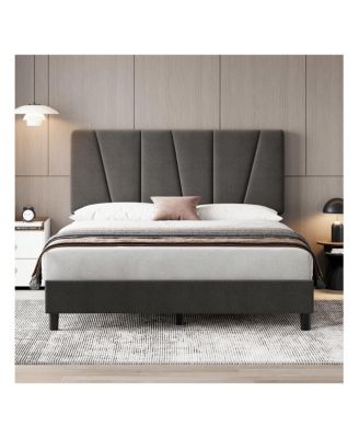 Bed Frame With Headboard,Linen Upholstered Platform Bed With Adjustable Diagonal Channel Tufted Headboard, Mattress Foundation With Strong Wooden Slats, Box Spring Optional