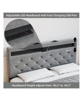 Full/Queen Size Bed Frame With LED Lights Headboard, LED Bed Frame With Fast-Charging USB Port, Upholstered Platform Bed Frame, No Box Spring Needed, Easy Assembly