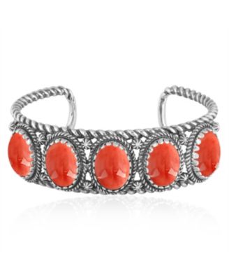 Sterling Silver Red Spiny Oyster Gemstone Rope Design 5-Stone Cuff Bracelet, Size Medium