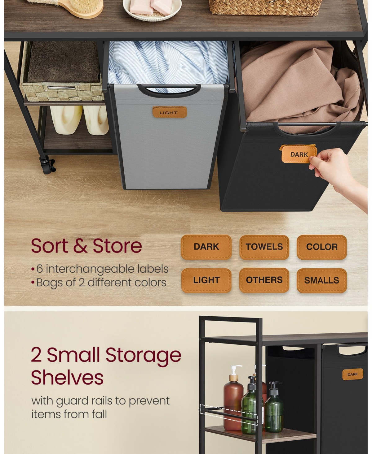 Slickblue 100L Laundry Hamper with 2 Compartments, Rolling Laundry Sorter Cart, Shelves, Removable Liners