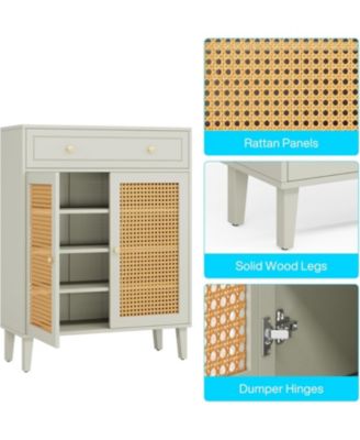 Shoe Cabinet with Doors and Drawer, Modern Shoe Storage Cabinet for Entryway, Rattan Wooden Shoe Organizer with Adjustable Shelf, Green