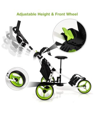 3-Wheel Foldable Golf Push Pull Cart Trolley w/ Seat Adjustable Handle