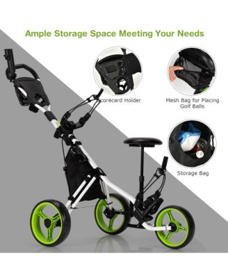 3-Wheel Foldable Golf Push Pull Cart Trolley w/ Seat Adjustable Handle