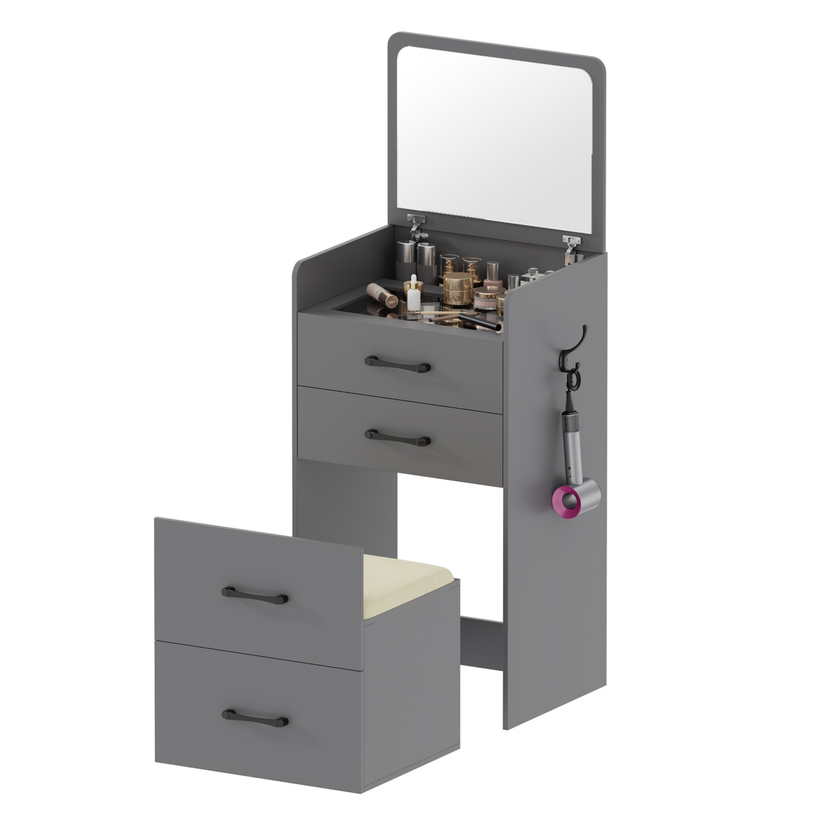 Vlsrka 1 designvanity, nightstand and chair are combined into a compact corner vanity-nightstand all one.