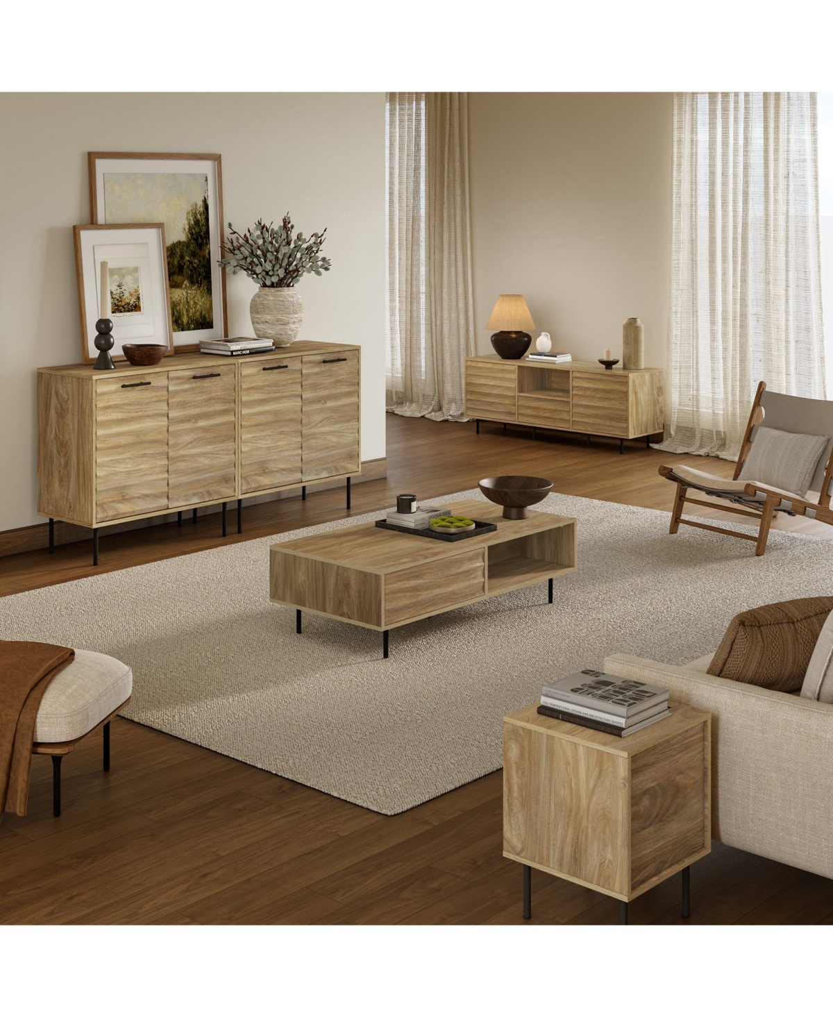 LuxenHome Mid-Century Modern Wave 2-Door Cabinet with Metal Legs