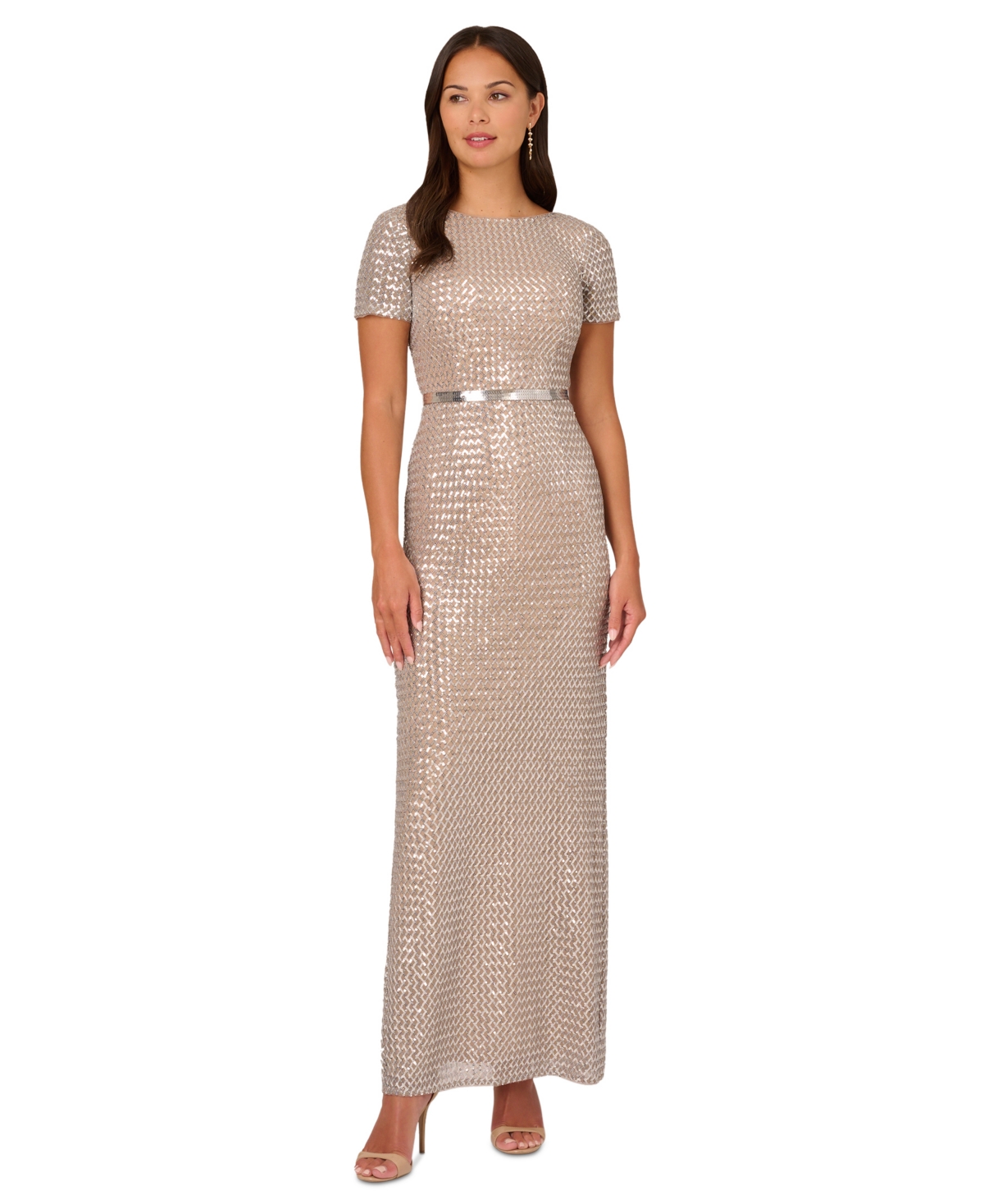 Shop Adrianna Papell Petite Sequinned Column Evening Gown In Silver Nude