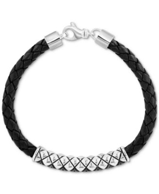 EFFY&reg; Men's Black Spinel Woven Black Leather Bracelet (1/6 ct. t.w.) in Sterling Silver