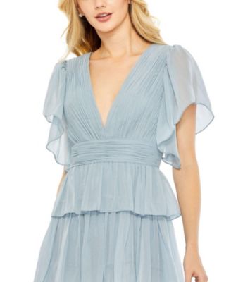 Women's Tiered Flutter Sleeve V-Neck Evening Gown