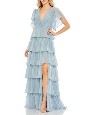 Women's Tiered Flutter Sleeve V-Neck Evening Gown