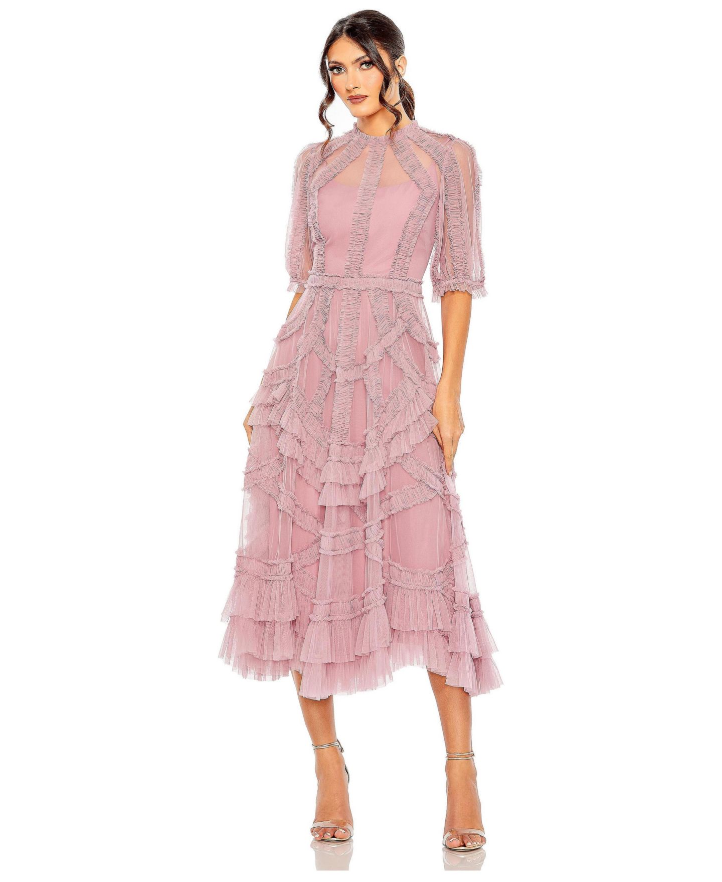 Женское платье Mac Duggal High Neck Puff Sleeve Ruffle Tiered, цвет: Состаренный розовый — фото 1