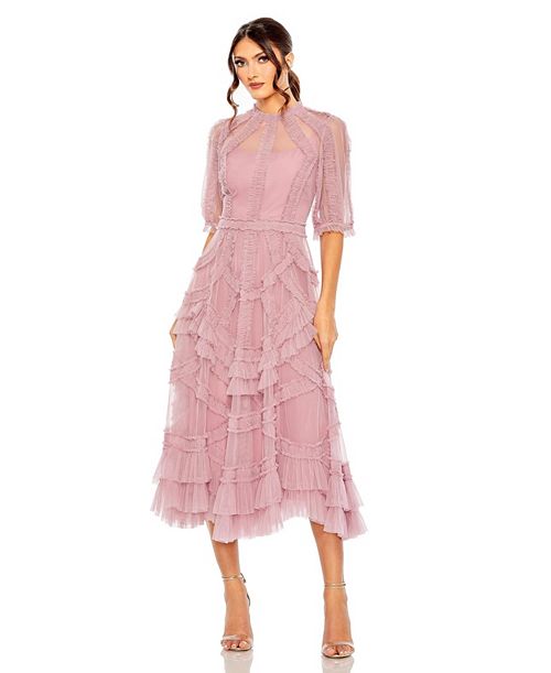alfani Mac Duggal Women's High Neck Puff Sleeve Ruffle Tiered Dress Women's Fashion Shoes & Accessories