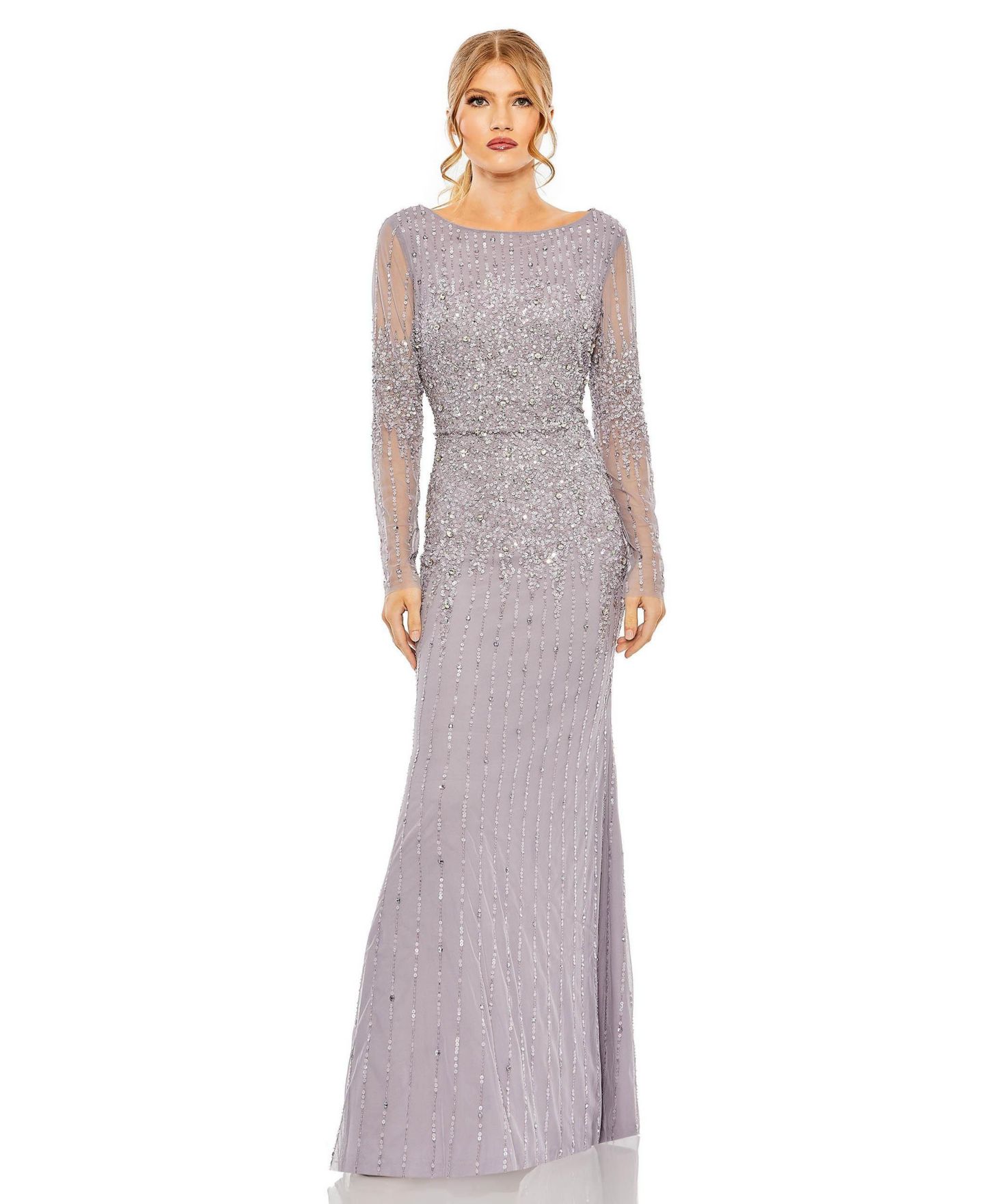 Женское платье Mac Duggal High Neck Sequin Embellished Long Sleeve A Line Gown, цвет: Винтажный сиреневый — фото 1