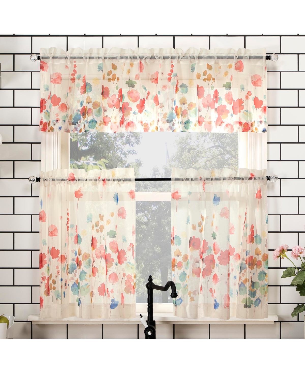Rosalind Watercolor Floral Semi-Sheer Rod Pocket Kitchen Curtain Valance and Tiers Set - Poppy red
