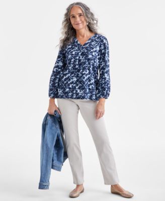 売れ筋商品|||スタイルアンドコー カットソー トップス レディース Women's Printed Pintuck V-Neck Knit Top, Exclusively at Macy's Dye Blue Style & Co Women's Printed Pintuck V-Neck Knit Top