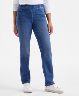 Petite Mid-Rise Pull-On Straight-Leg Jeans