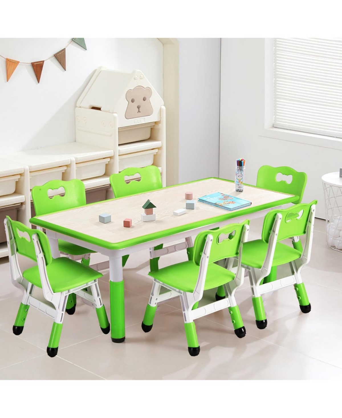 gaomon Kids Table and Chairs Set, Toddler Height Adjustable Desk with Graffiti Desktop, Arts & Crafts Table With 6 Seats, Non-Slip Legs, Max 300lbs, S