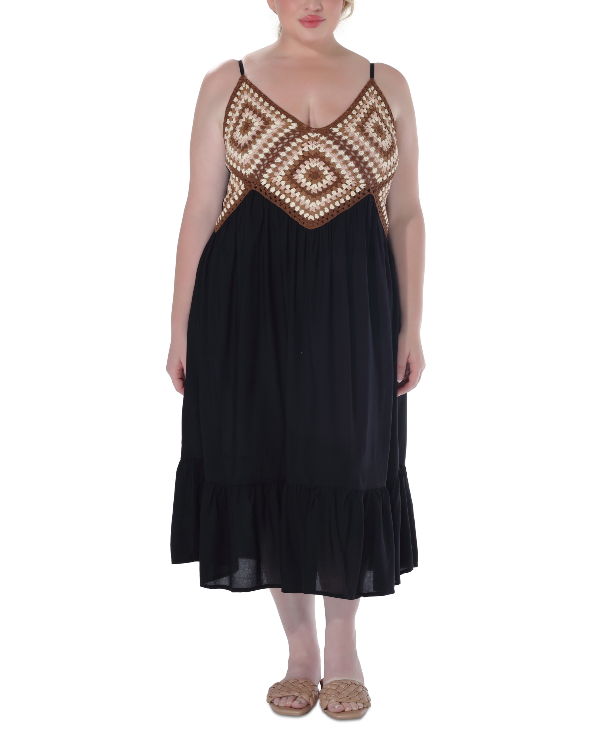 Plus Size Crochet Flounce-Hem Midi Dress - White/blue