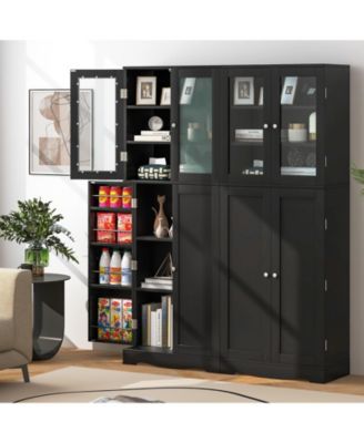 Tall Kitchen Pantry Cabinet with Dual Tempered Glass Doors and Shelves