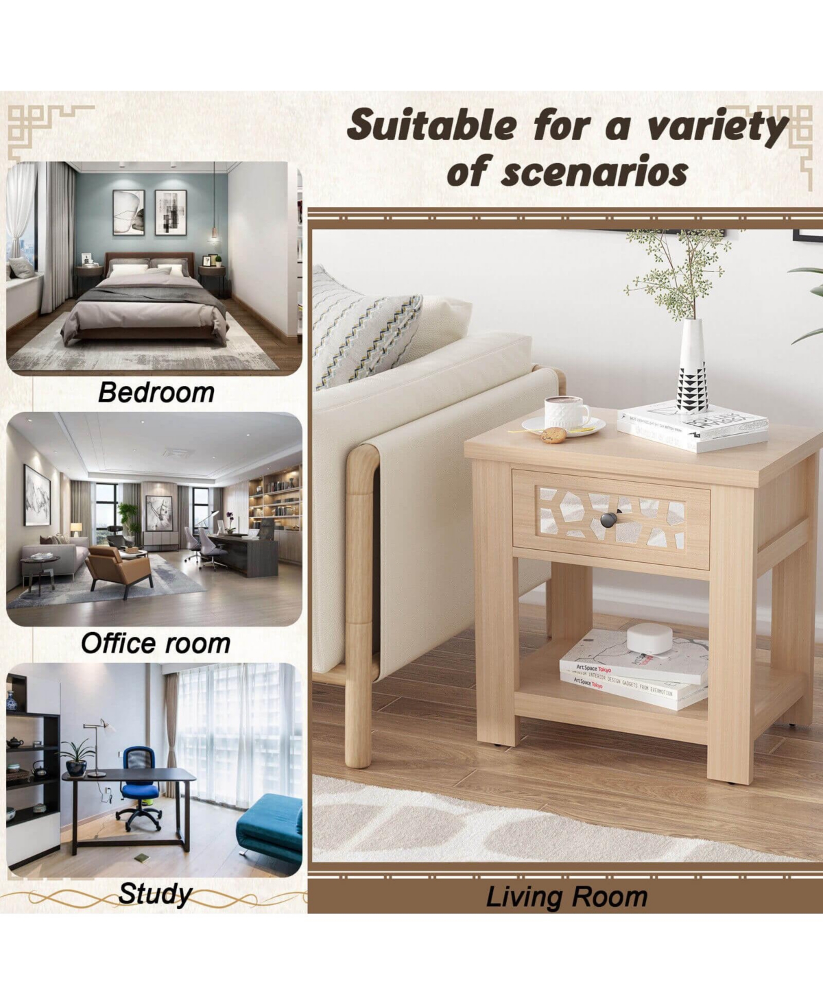 Gouun Wood Retro End Table with Mirrored Glass Drawer and Open Storage Shelf