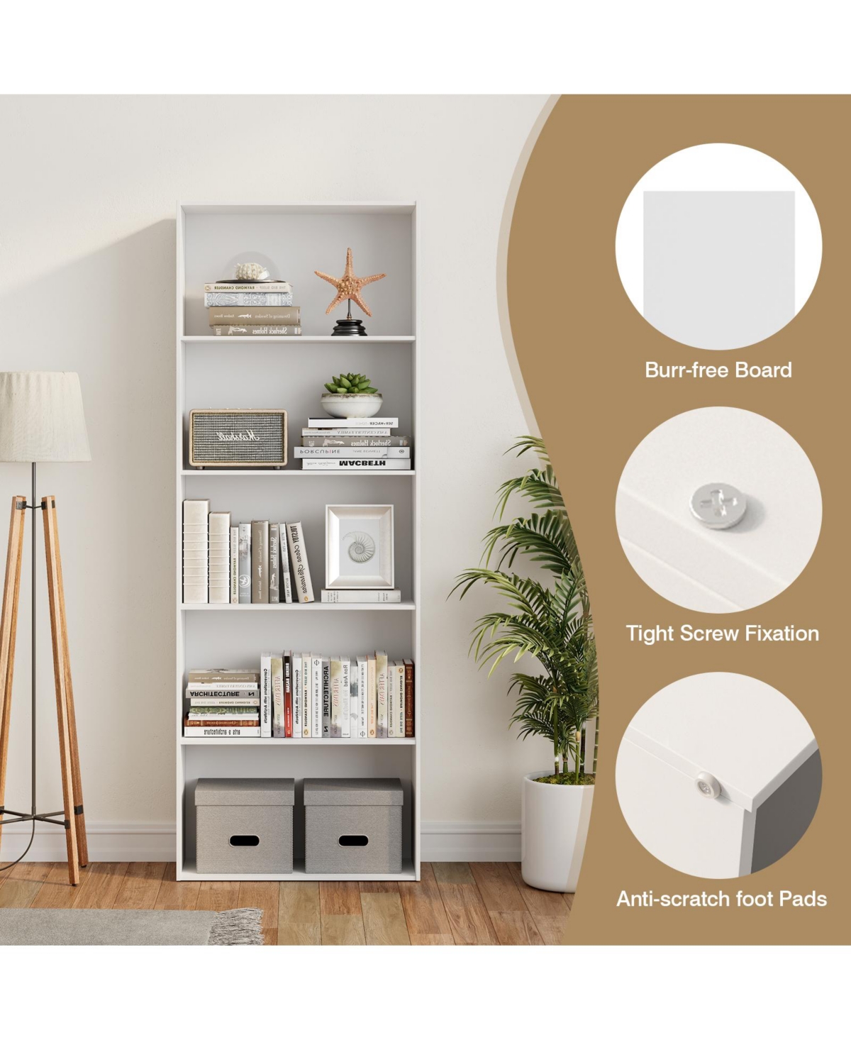 Gouun 5-Shelf Storage Bookcase Modern Multi-Functional Display Cabinet