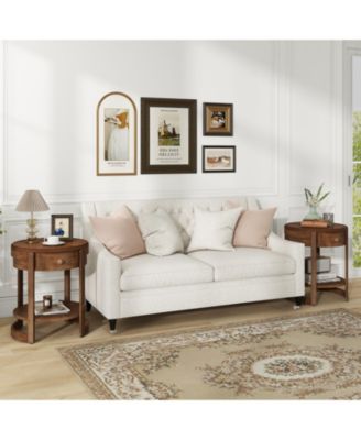 2-Tier Round End Table Mid Century Modern Nightstand with Drawer and Shelf