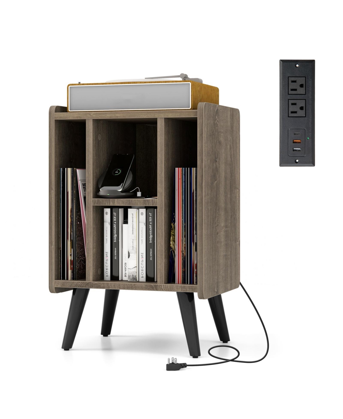 Vinyl Record Storage Turntable Stand with 4 Open Shelves - Grey