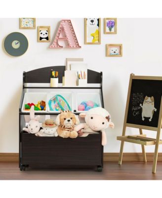 Kids Wooden Toy Storage Unit Organizer w/Rolling Toy Box & Plastic Bins